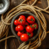 top view cherry tomatoes in a wooden bowl with rope on the table Pomodoro Baxter semi